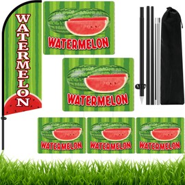 Hillsuren Watermelon Advertising Feather Flag Pole Kit Include 7 ft Swooper Banner Flag with Poles 5 15.8 X11.8'' Watermelon Double-sided Yard Signs with Plastic Ground Stake for Business