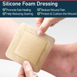 LotFancy Silicone Foam Dressing, 6"x 6" (4.3"x 4.3" Pad), 5 Count, Wound Dressing with Border, Bed Sores, Pressure Ulcers, Emergency Wound Care Bandages, Highly Absorbent, Waterproof