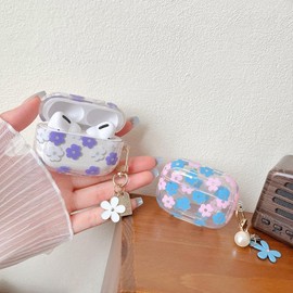 Compatible with AirPods 4 Clear Case,Cute Cartoon Flower Pattern Design with Floral Keychain, Soft TPU Protective Shockproof Case for AirPod 4 for Girls Women-Purple