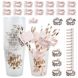 Set of 16 Hen Party Cups Bride Team Cups, Hen Party Cups Bride Tribe Cups with 16 Team Bride Straws, 20 JGA Bride to be Tattoo, Rose Gold Bridal Shower Cups, Bachelorette Party Cups for Engagement