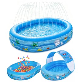 Learn2M Inflatable Kids Pool with Canopy and Sprinkler 65"x46", Baby Swimming Pool for Backyard Water Fun, Kiddie Blow Up Pool & Ball Pit with Shade Cover, Indoor Outdoor Summer Toys for Toddler