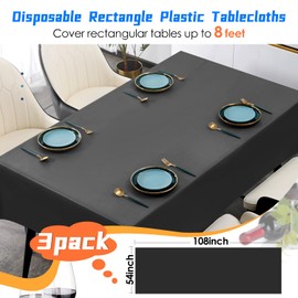 YSYJ 3 Pack Black Plastic Tablecloth Disposable Rectangular Table Cloth 54 x 108 Inch Table Cover for Parties