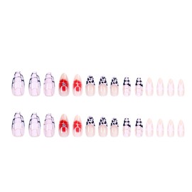 Almond Shape Press on Nails Fake Nails Medium with Nude Pink Black Leopard Flower Designs French Tip False Nails Almond Medium Full Cover Glue on Nails Glossy Acrylic Thick Stick on Nails for Women Girls 24Pcs YLW753