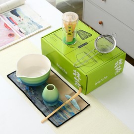 Matcha Set Matcha Whisk Matcha Bowl with Pouring Spout Scoop Matcha Whisk Holder Tea Making Kit, Japanese Tea Set (7pcs) Gradient blue, Color Box Packin