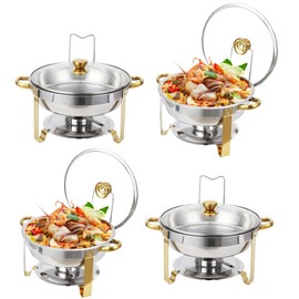 GarveeHome Chafing Dish Buffet Set 4 Pack 5QT, Stainless Steel Round Chafing Dishes for Buffet with Lid Holder & Glass Lid, Buffet Servers and Warmers for Parties, Wedding, Camping, Dinner, Gold