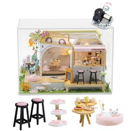 SYW DIY LED Lights Miniature Dollhouse Kit Cat Coffee Doll House Model Wooden Furniture for Christmas 's Day Creative Gifts with Dust Cover and Music （Cat Coffee Shop ）