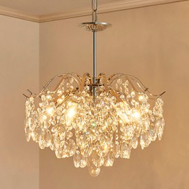 AGV LIGHTING CH012S K9 Crystal Chandelier, Raindrop Chandelier Crystals Light, Modern Pendant Chandelier Lighting, E12 Base 6-Lights, Chrome Finish