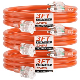 PlugSaf 3 Pack 3FT 12/3 Gauge Outdoor Extension Cord Waterproof with Lighted Indicator, 12 Gauge Heavy Duty 15Amp 1875W, 3 Prong Cords Flexible Copper Orange ETL Listed