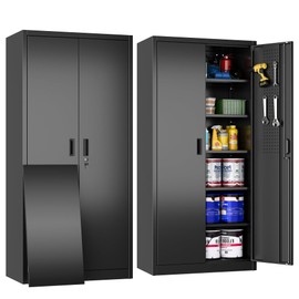 Aobabo 71''H Metal Storage Cabinet with Pegboards, Locking Steel Storage Cabinet with 5 Adjustable Shelves and 4 Hooks for Garage, Office, Black, Assembly Required