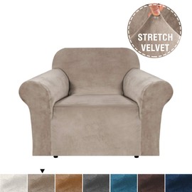H.VERSAILTEX Stretch Velvet Armchair Cover Couch Covers 1 Cushion Chair Slipcover for Living Room Furniture Cover Crafted from Thick Comfy Rich Velour (Chair 32"-48", Taupe)