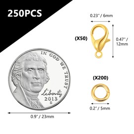 Gold Lobster Clasps, 250 PCS Gold Plated Lobster Claw Clasps with 4mm Open Jump Rings Set Jewellery Making Kit, Metal Lobster Clasps Rings Connector for DIY Craft Jewelry Chains Making Claps