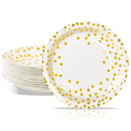 PYAILI 50Stück Pappteller, Partyteller Kindergeburtstag Teller Set ​18 CM Partygeschirr Set, Weiß Gold Einweg Papier Teller zum Abschlussfeier, Silvester, Kindergeburtstag, Geburtstag