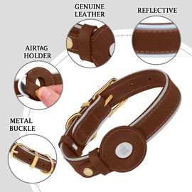 OOPSDOGGY Reflective Geniune Leather Airtag Dog Collar Soft Padded Collars for Small Medium Large Breed Dogs Puppy, 4 Sizes, 7 Colors (Brown, Small, 9"-12")