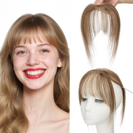 SEGO Clip in Wispy Bangs Real Human Hair, Hair pieces for Women -Wispy-#4P27 Medium Brown & Dark Blonde