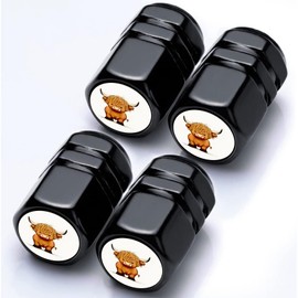 Tire Valve Stem Caps Highland Cow Car Accessories 4-Pack - Aluminum Alloy Rust-Proof Universal Dust Covers Tire Air Cap for Car, SUV, Bike, Motorcycle Cow Gifts for Women