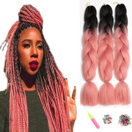 ShowJarlly Box Braid Hair Extensions, 24inch Ombre Jumbo Braid Hair, 3Packs Synthetic Jumbo Braiding Hair Extension Afro Hair Extensions for Braiding Crochet Twist Braids Black/Pink#