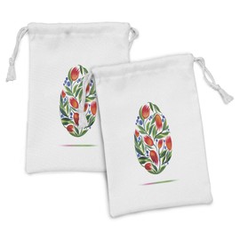 Lunarable Watercolor Flower Fabric Pouch Set of 2, Easter Egg Tulip Flowers Paint in Retro Style Nostalgic Pastel Color, Small Drawstring Bag for Toiletries Masks and Favors, 9" x 6", White Green Red