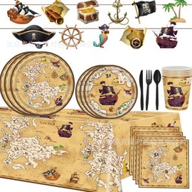 Auch Pirate Tableware Set Pirate Treasure Theme Birthday Party Supplies Pirate Plastic Tablecloth Plates Banner Napkins Cups Favors for Treasure Theme Birthday Party (Pirate)