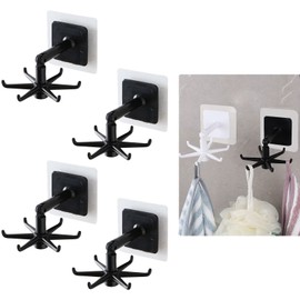 FuninCrea Pack of 4 Hooks, 360° Rotating Folding Hooks, Wall Mount, Bore-Free Dish Hanger, 180° Vertical Folding Hook for Storage of Kitchen and Bathroom Shelves at Home (Black)