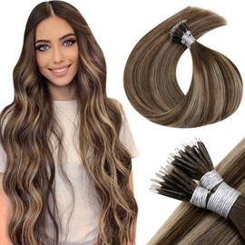LaaVoo 14 Inch Nano Hair Extensions Human Hair Brown Balayage Nano Tip Human Hair Extensions Balayage Dark Brown to Ash Blonde Nano Beads Hair Extensions for Women Real Human Hair 50g/Pack #4/18/4