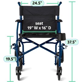Ultralight Transport Wheelchair, 19" Wide Seat, Folding Transport Chair, Blue