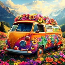 NEWENMO Flowers Diamond Painting Kits for Adults,5D DIY Bus Diamond Art Kits Full Round Drill Diamond Dots Perfect for Beginner,Hobbies And Home Wall Decor 30×30 cm