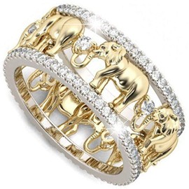 MAIHAO Yellow Gold Lucky Gold Elephant 925 Silver 1.5Ct White Topaz Wedding Women Men Ring Size 6-10 (US Code 7)