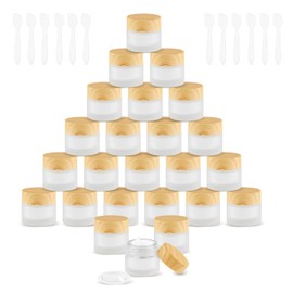 DynnnDy 24 Pcs 10g Mini Frosted Glass Cream Jars with Wood Lid & 12 Spatulas Tiny Cosmetic Sample Bottles Empty Round Makeup Containers Travel Accessories for Lotion Powder Ointment Essential Oil