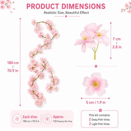 Pownert 4 Pcs 180cm Cherry Blossom Flower Garland Vines Set, Artificial Blossom Hanging Flowers DIY Kit, 40 Nylon Cable Ties and Scissors for Flower Wall, Wedding Arch, Home Decor