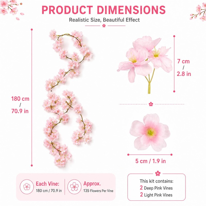 Pownert 4 Pcs 180cm Cherry Blossom Flower Garland Vines Set,
