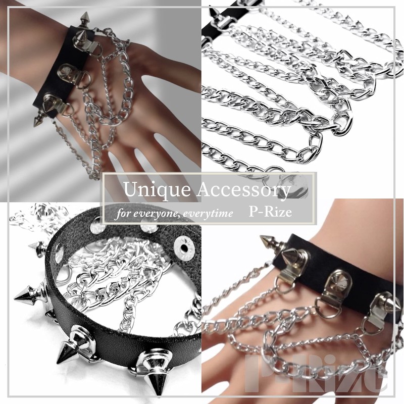 P-Rize Bracelet, Unisex, Spiky Studs & Chain, Black, Leather, Punk