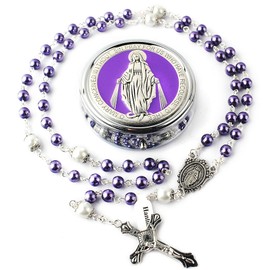 HanlinCC 6mm Glass Pearl Beads with 8mm Our Father Beads with Caps Rosary Necklace Pack in Miraculous Metal Gift Box (Purple Rosary with Miraculous Gift Box)