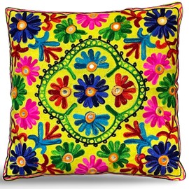 Original Kikan Suzani Multi Colour Floral Embroidery 16"x16" 40 x 40 cm Indian Ethnic Cushion Cover Takiya Sofa pillow Zipper Back (YELLOW)