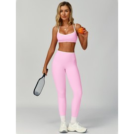Womens Workout Sets Two Piece Cami Straps Cross Back Color Block Sports Bras Matching Tummy Control High Waist Leggings 2 Piece for Women Gym Yoga Active Wear Outfits Athletic Work Out Set Pink M
