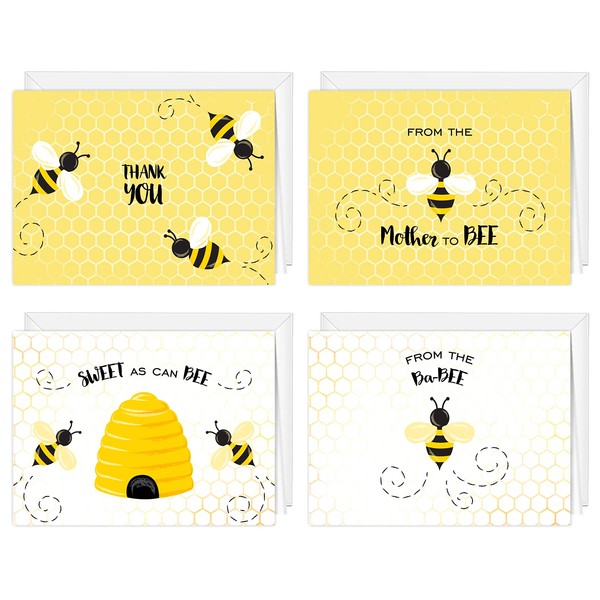 Sweet As Can Bee Thank You Cards / 24 Baby Shower Gratitude Note Cards With White Envelopes / 4 Adorable Honeybee Thanks Designs / 3 1/2" x 4 7/8" New Baby Appreciation Card Pack/Made In The USA