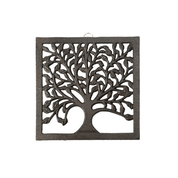 gasaré, Cast Iron Trivet for Pots, Pans, and Hot Dishes, Metal Trivet, Family Tree Design, Rubber Feet Caps, Ring Hanger, 8 Inches, Brown, 1 Unit