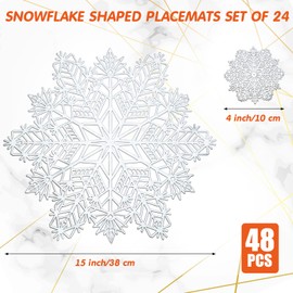 Sieral Snowflake Placemats and Coasters Set Pressed Vinyl 15 Inch Placemats and 4 Inch Coasters, Snowflake Table Placemats for Christmas Winter Wedding Party Dinner Table Decoration(Silver, 24 Sets)