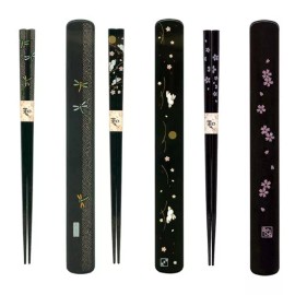 JapanBargain Set of 4 Japanese Portable Travel Reusable Chopsticks Plastic Case Made in Japan - Black-Sakura