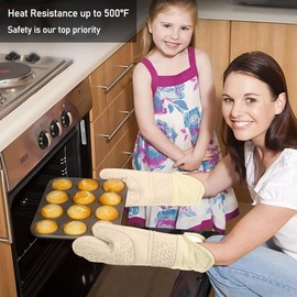 MTZRFLL Silicone Oven Mitts Set, Extra Long Non-Slip Heat Resistant Oven Gloves Come with 2 Cooking Pinch Mits & 2 Pot Holders, Prefect for Grilling, Cooking, Baking (Milkshake)