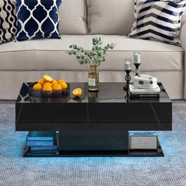 Tangkula LED Coffee Table with 2 Drawers, High Glossy Modern Center Table, 20-Color Dimmable LED Lights & Remote Control, 2-Tier Rectangle Coffee Table for Living Room (with Drawer, Black)