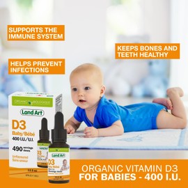 Land Art Certified Organic Vitamin D3 Drops - For Baby - 400 IU per drop - 490 servings - Development and maintenance of bones and teeth - GMO free - Gluten free - Made in Canada - 13.5 ml (Pack of 2)
