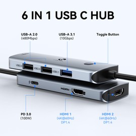 LIONWEI USB C to Dual HDMI Adapter, 6 in 1 USB C Hub Docking Station USB C Monitor with an 8K HDMI, 3 Ports, PD 100W for Dell, HP, MacBook, Lenovo Yoga