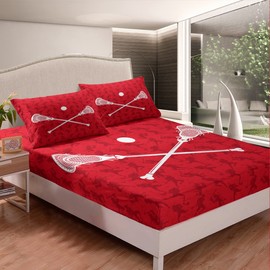 Lacrosse Bed Sheet Set for Kids and Adults - Video Games Design - Deep Pocket Fitted Sheet Twin Size for Kids and Adults - Ultra Soft Lacrosse Bedding Set - Red and White - Room Decor - 2 Piece Bed Set