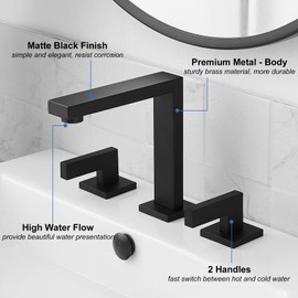 RUMOSE 8 inch Widespread Matte Black Bathroom Faucets for Sink 3 Hole Brass 2 Handle Lavatory Square Faucet Modern RV Bathroom Faucets with Pop Up Drain Vanity Faucet Deck Mounted