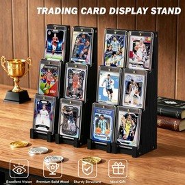 Emfogo Card Display Stand (4 Pack), Wooden 3 Tier Sports Graded Card Display, Trading Card Display Stand for Sports Card Collection & Show, Black