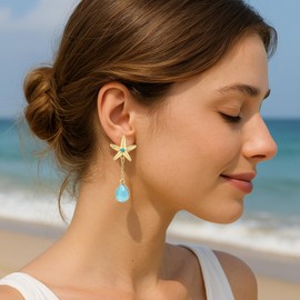 Starfish Dangle Earrings Gold with Blue Rhinestone Aqua Teardrop Chain for Women, Tropical Beach Vacation Jewelry Summer Gifts, E08B
