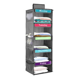 Weekly Clothes Organiser for Kids, 5-Shelf Hanging Storage Organiser for Daily Clothes, Day of The Week Children Clothes Organizer, Monday to Friday Wardrobe Storage for School Uniform Hats (gray)
