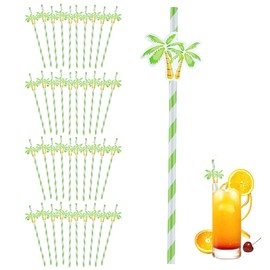Ouliget Coconut Tree Shaped Disposable Straws,Beach Party Paper Stripe Straws,Disposable Drinking Straws Set for Valentine's Day Wedding Brithday New Year,40 Pieces