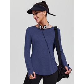 PINSPARK Gym Shirts Woman Long Sleeve Workout Tops Mesh Quick Dry Athletic Tops Hiking with Thumb Holes Navy Blue XL