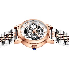 MASTOP Women's Sapphire Watches Automatic Steampunk Self Winding Mechanical Gold Bracelet Ladies Skeleton Wrist Watch Leather Strap for Ladies Famale (Steel Silver Rose)